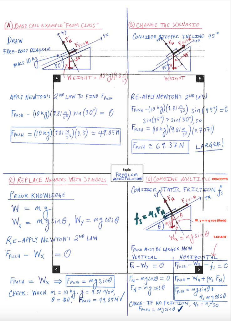 Applying “Problem Manipulation” to a typical example from introductory physics. Note the use of a “T-Chart” as a way of visually organizing information. 